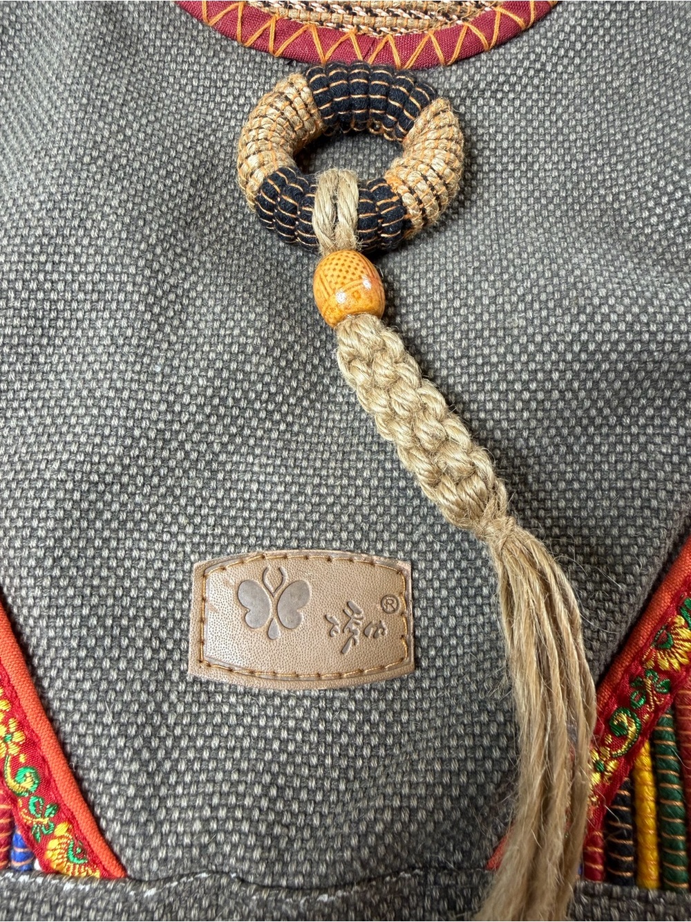 Bohemian Buddhist Inspired Hand Made Hemp Canvas Resin Yak Skull Om Symbol Tote - Picture 4 of 12